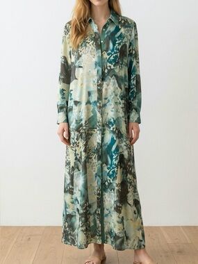Chico's Teal and Sage Abstract Print Maxi Shirt Dress